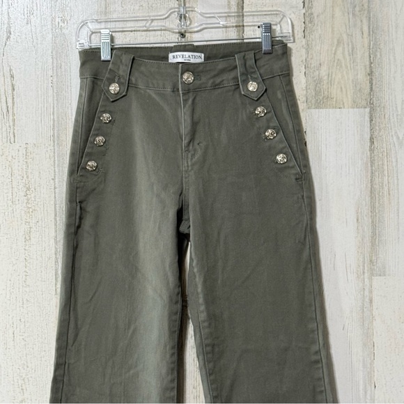 Revelation Denim Flare High Rise Button Dark Olive Wide Leg Jeans - Picture 2 of 14